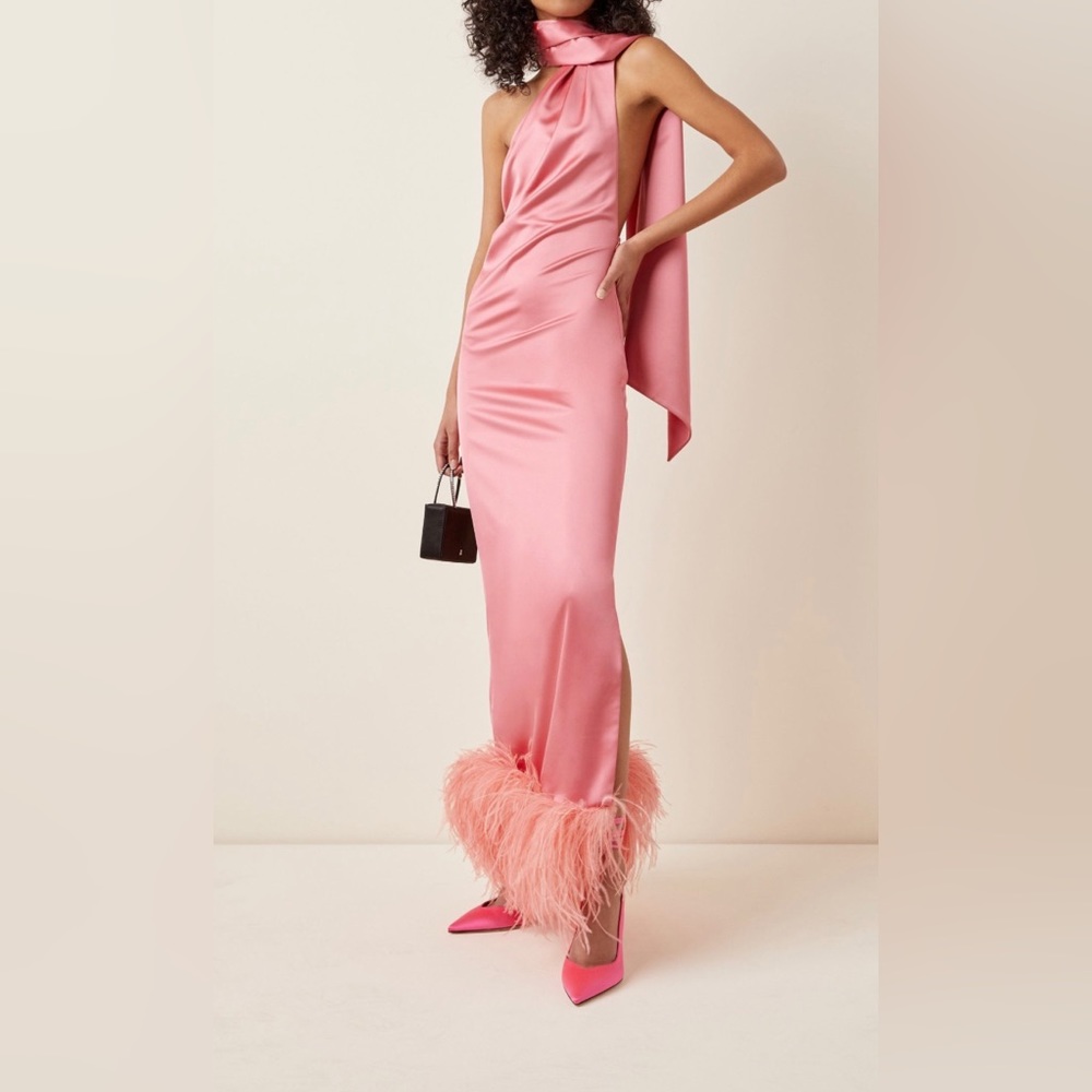 NOT AVAIL ANYWHERE ELSE: The ATTICO Feather-Trimmed Silk Tie-Neck Maxi Dress XS